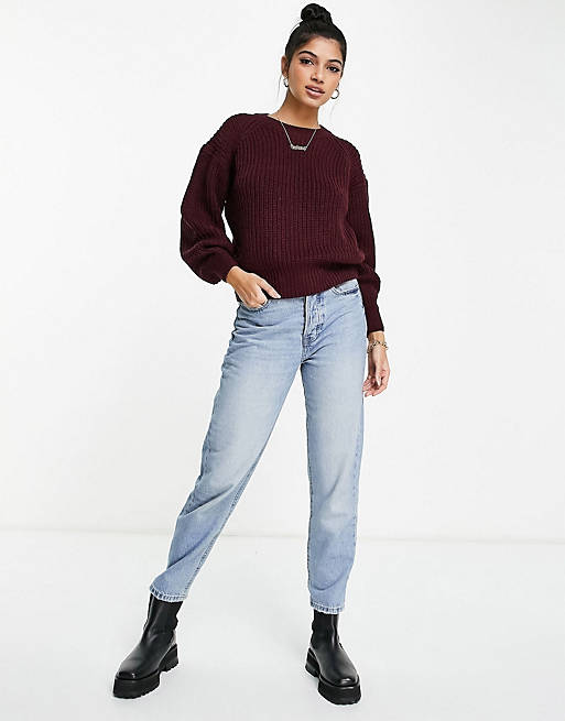  New Look ribbed crew neck jumper in burgundy 