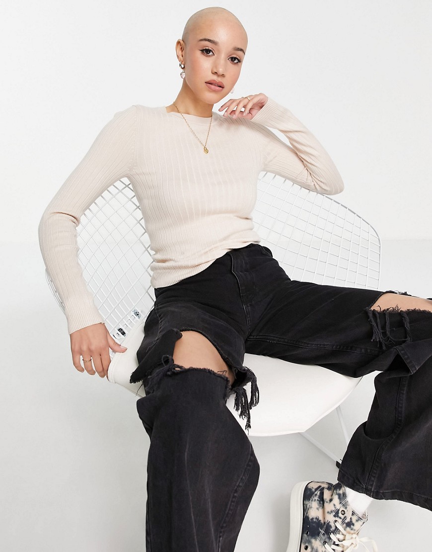 new look ribbed crew neck knitted jumper in off white