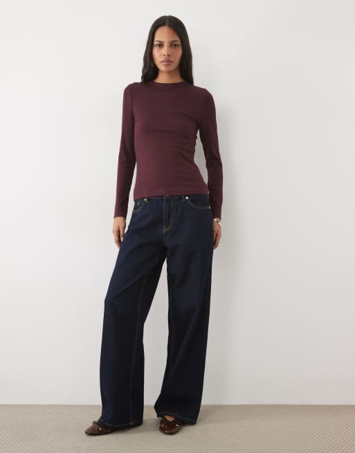 New Look ribbed crew neck long sleeved top in burgundy, 2 of 4
