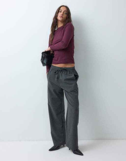 New Look ribbed crew neck long sleeved top in burgundy, 5 of 5