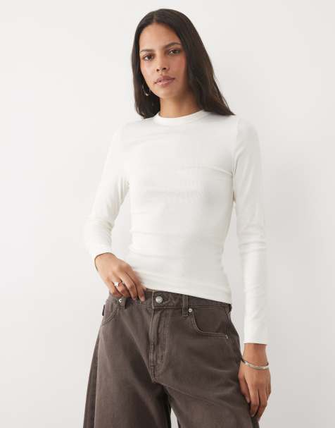 New Look ribbed crew neck long sleeved top in cream - view 1
