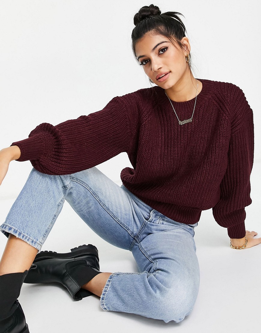 New Look ribbed crew neck sweater in burgundy-Red