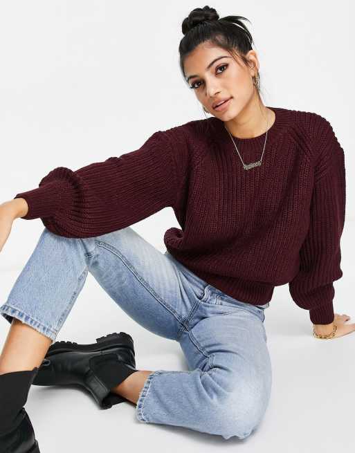 New Look ribbed crew neck sweater in burgundy