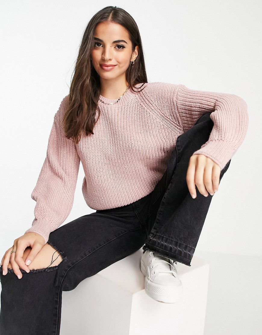 New Look ribbed crew neck sweater in mid pink