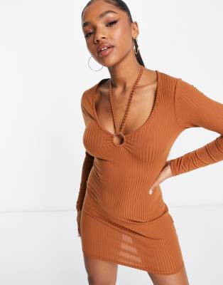 New Look Ribbed Cut Out Detail Mini Dress In Camel-neutral