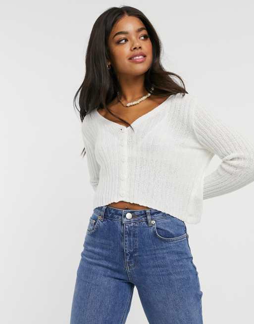 New Look ribbed fine knit cardigan in white