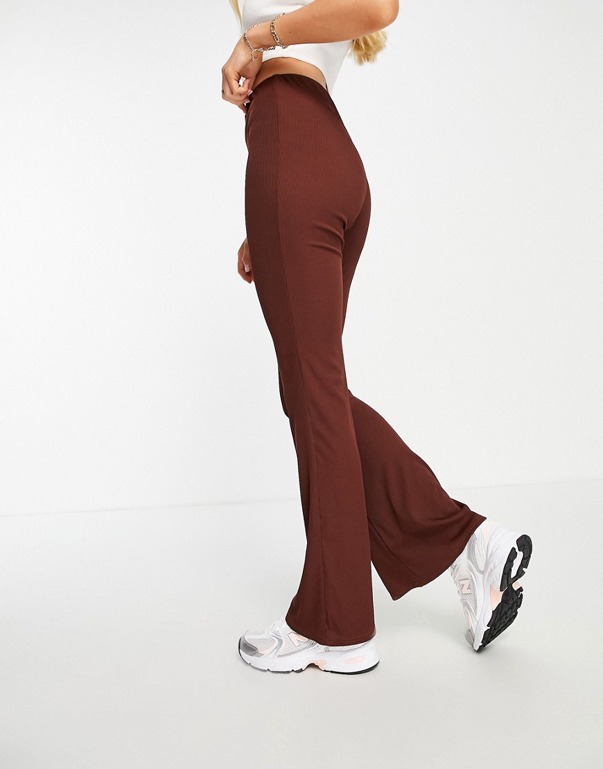 New Look Ribbed Split Front Flare Pants In Brown
