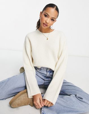 New Look ribbed flared sleeve cropped jumper in cream - ASOS Price Checker