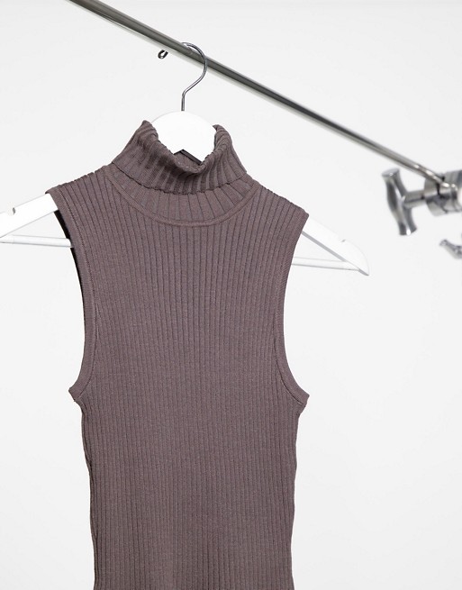New Look ribbed knit sleeveless roll neck vest in taupe