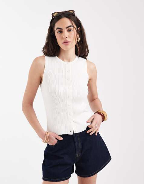 New Look ribbed knitted button down singlet in cream - view 1