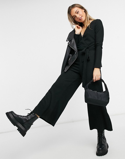 New Look ribbed knitted cosy jumpsuit in black