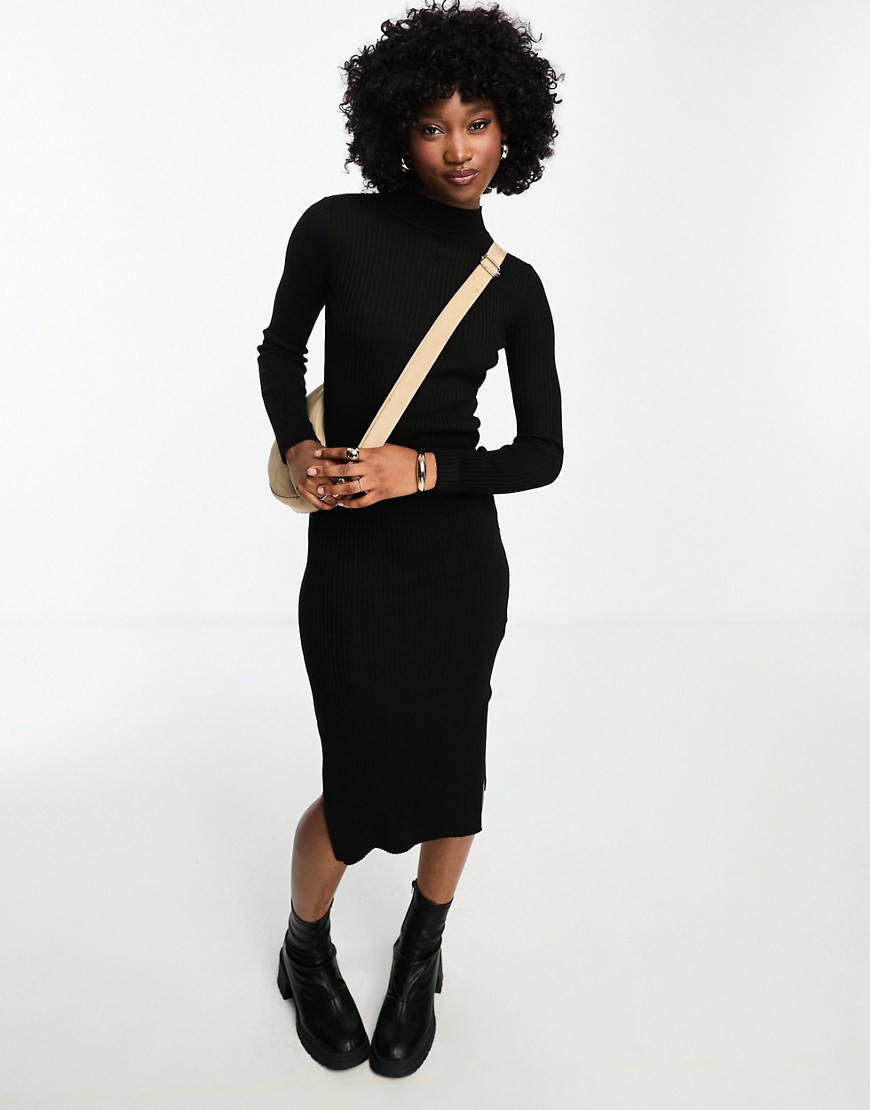 New Look ribbed knitted dress with side split in black