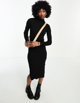 New Look Petite ribbed midi dress with side slit in black