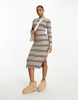 New Look ribbed knitted dress with side split in brown stripe