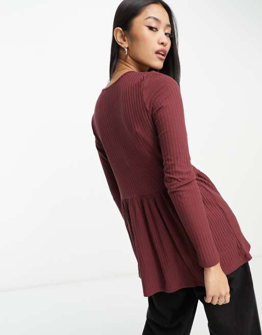 New Look ribbed long sleeve peplum top in burgundy, 2 of 4