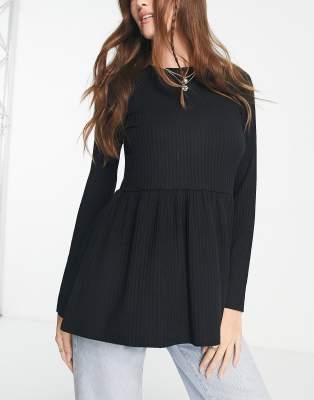 New Look ribbed long sleeved peplum top in black | ASOS