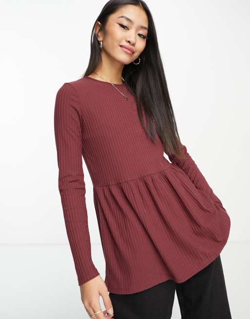 New Look ribbed long sleeved peplum top in burgundy, 3 of 4