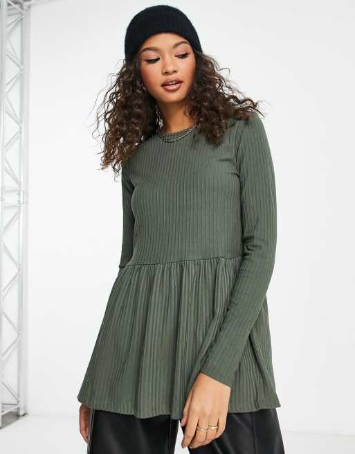 New Look ribbed long sleeved peplum top in khaki | ASOS