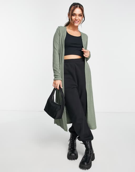 New Look ribbed midi cardigan in khaki ASOS