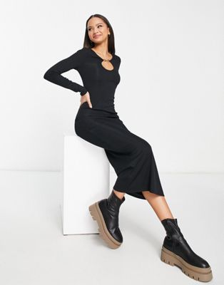 New Look ribbed midi dress with cut out detail in black