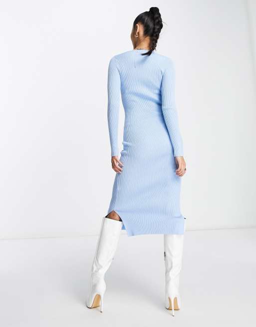 New Look ribbed midi dress with side split in light blue, 2 of 4