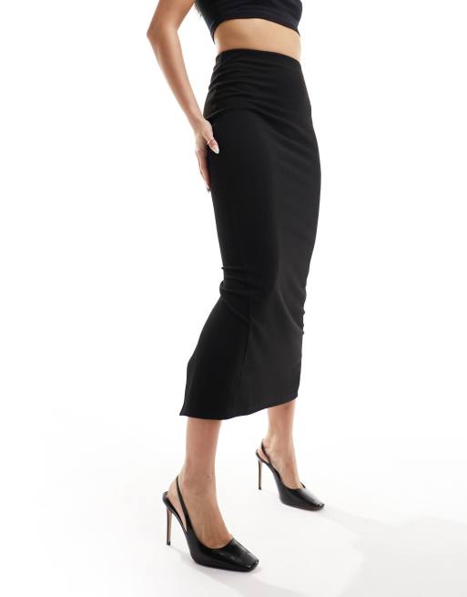 New Look ribbed midi skirt in black ASOS