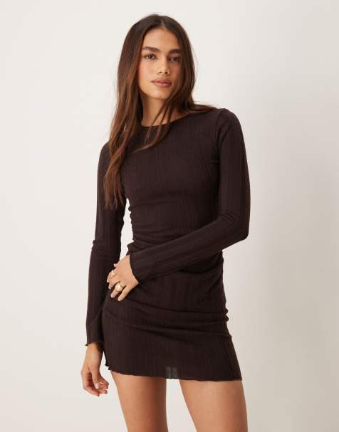 New Look ribbed mini dress with ruched side in brown - view 1