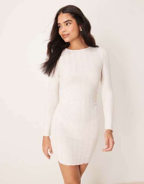 New Look ribbed mini dress with ruched side in cream - view 1