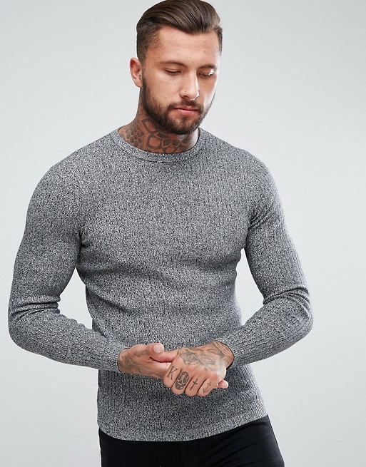New Look ribbed muscle fit jumper in grey marl | ASOS