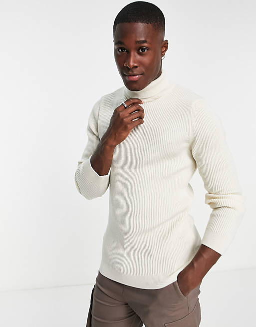 New Look ribbed muscle fit roll neck jumper in off white | ASOS