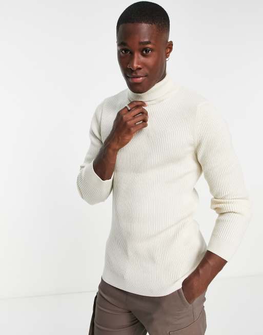 White ribbed roll store neck jumper