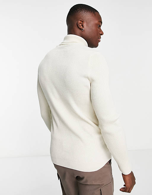 New Look ribbed muscle fit roll neck jumper in off white | ASOS