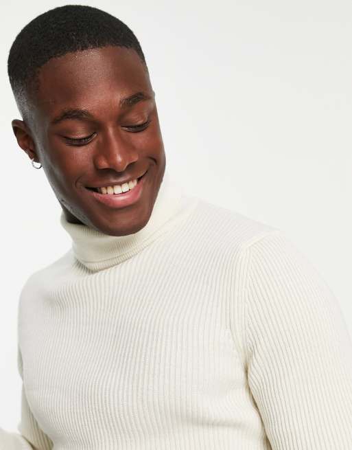 New Look ribbed muscle fit roll neck jumper in off white | ASOS