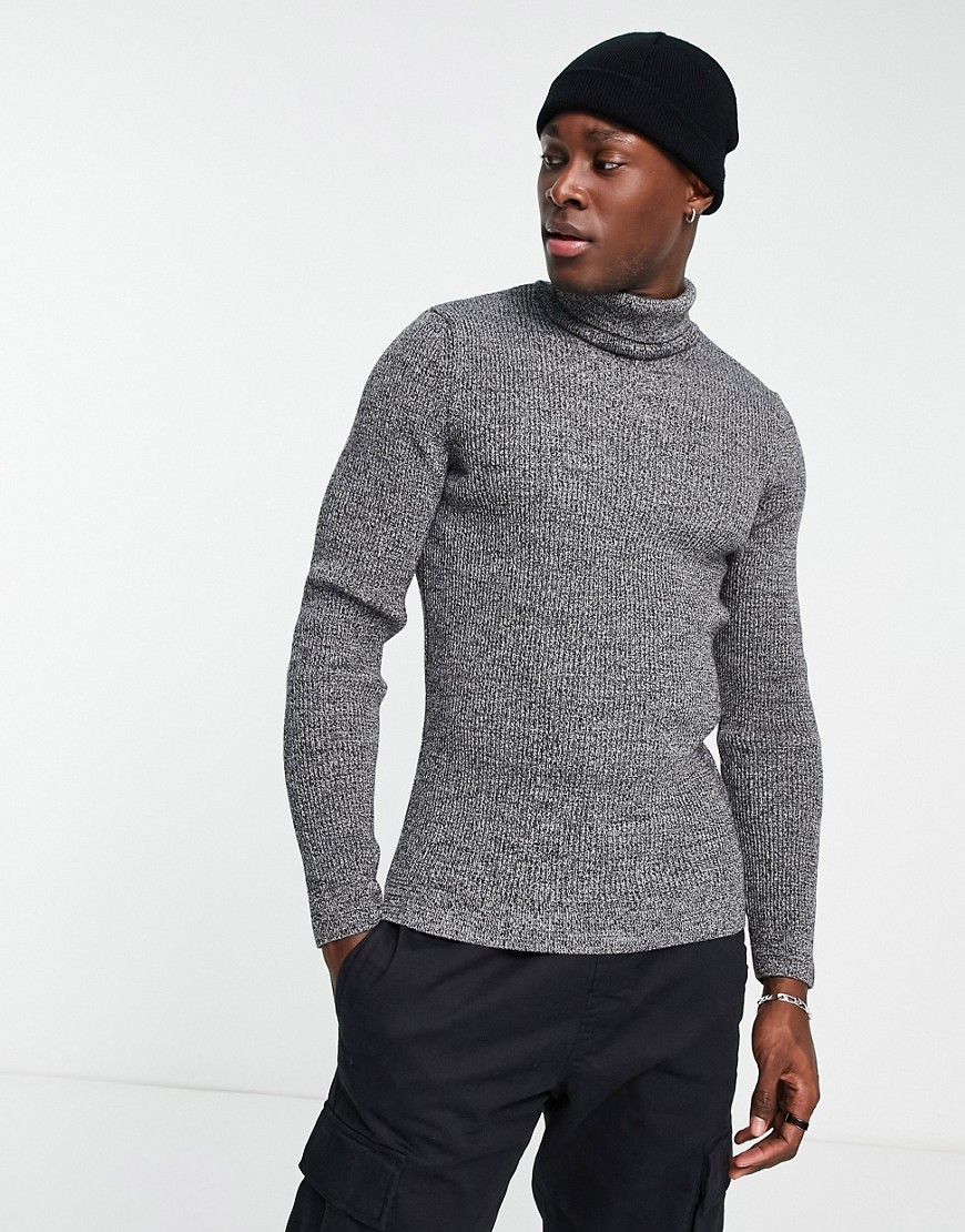 New Look Ribbed Muscle Fit Roll Neck Sweater In Dark Gray