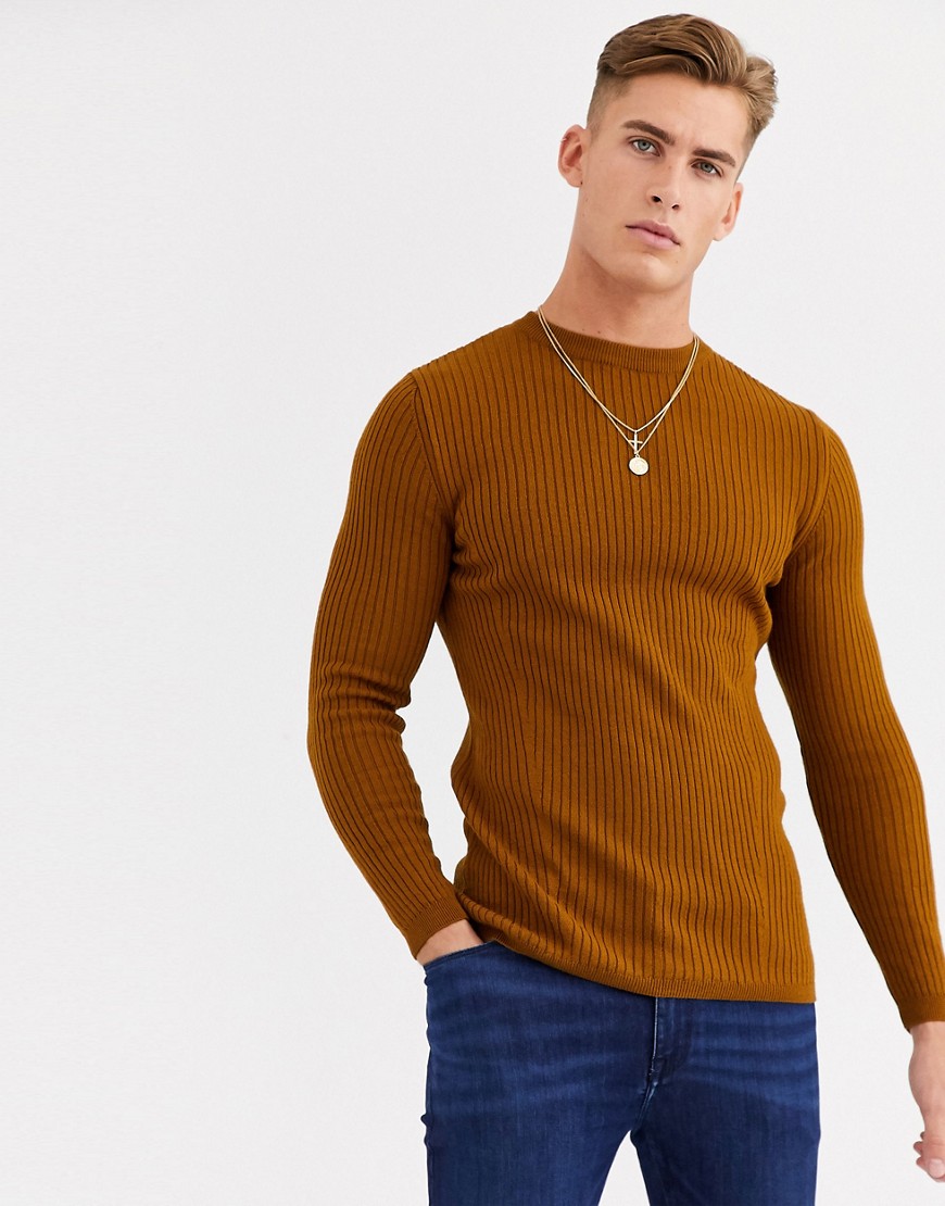 New Look Ribbed Muscle Fit Sweater In Brown-black