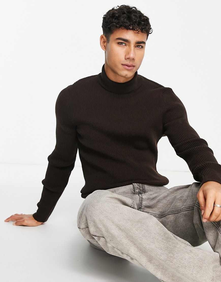 ribbed muscle fit turtle neck sweater in dark brown