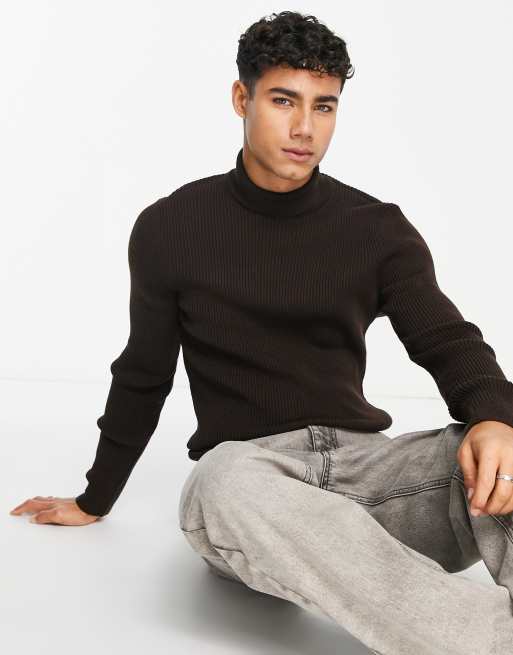 New Look ribbed muscle fit turtle neck sweater in dark brown | ASOS