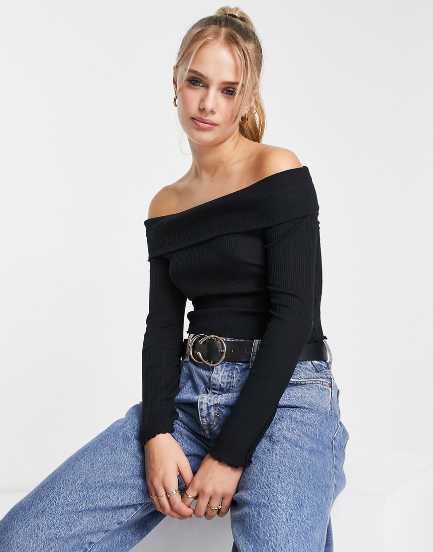 New Look ribbed off the shoulder bardot long sleeved top in black