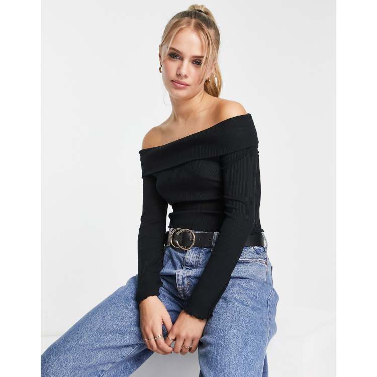 New Look ribbed off the shoulder bardot long sleeved top in black