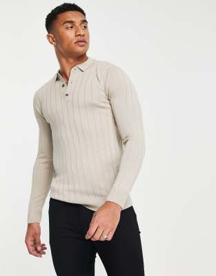 New Look ribbed polo in stone