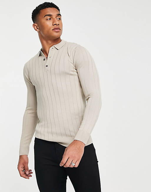New Look ribbed polo in stone | ASOS
