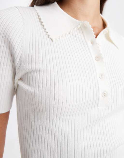 New Look ribbed polo t-shirt in cream, 3 of 4