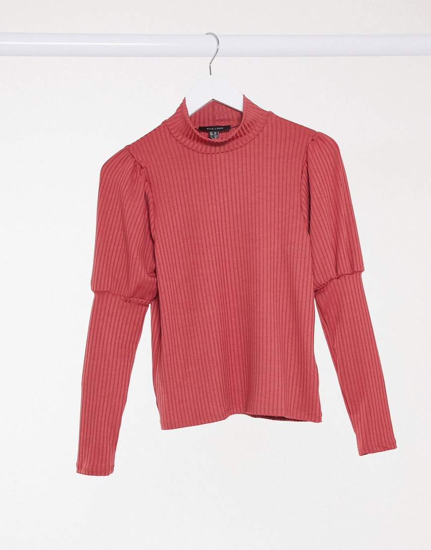 New Look ribbed puff sleeve top in raspberry-Pink