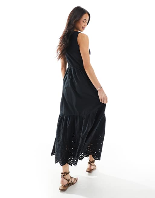 New Look ribbed racer embroidered midi dress in black, 4 of 4