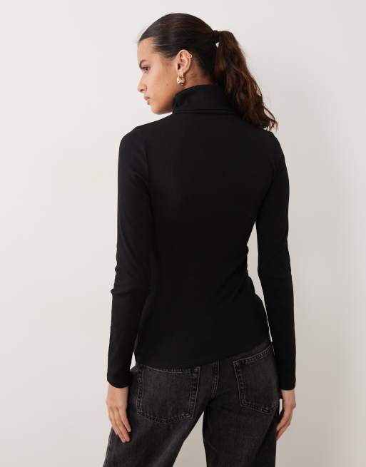New Look ribbed roll neck long sleeve top in black, 4 of 4