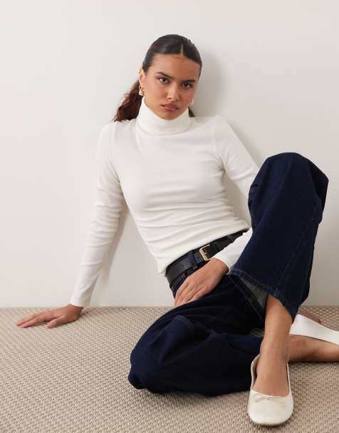New Look ribbed roll neck long sleeve top in cream