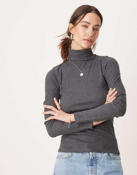 New Look ribbed roll neck long sleeve top in grey - view 1