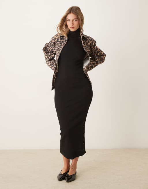 New Look ribbed roll neck midi dress in black
