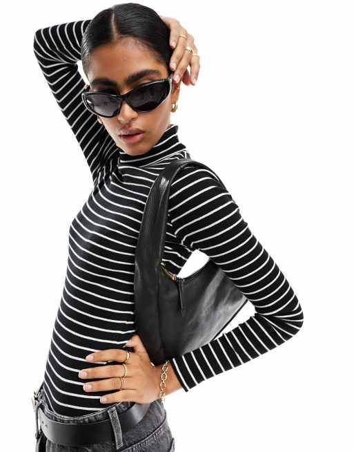 New Look ribbed roll neck top in black & white stripe