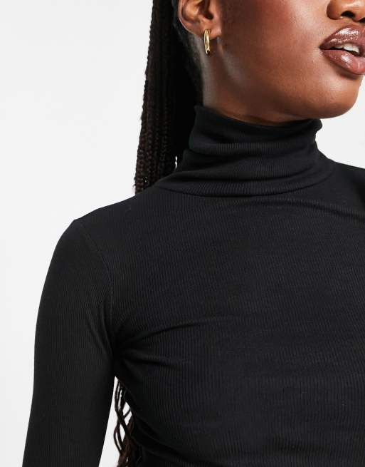 New Look ribbed roll neck top in black ASOS